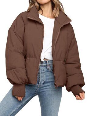 Women’s Puffer Jacket Quilted Baggy Long Sleeve Zip Down Jacket Outerwear Coffee